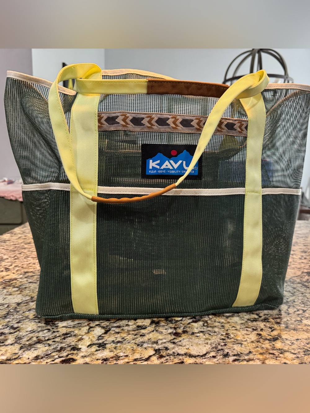 Kavu Olive Mesh Tote with Yellow Straps